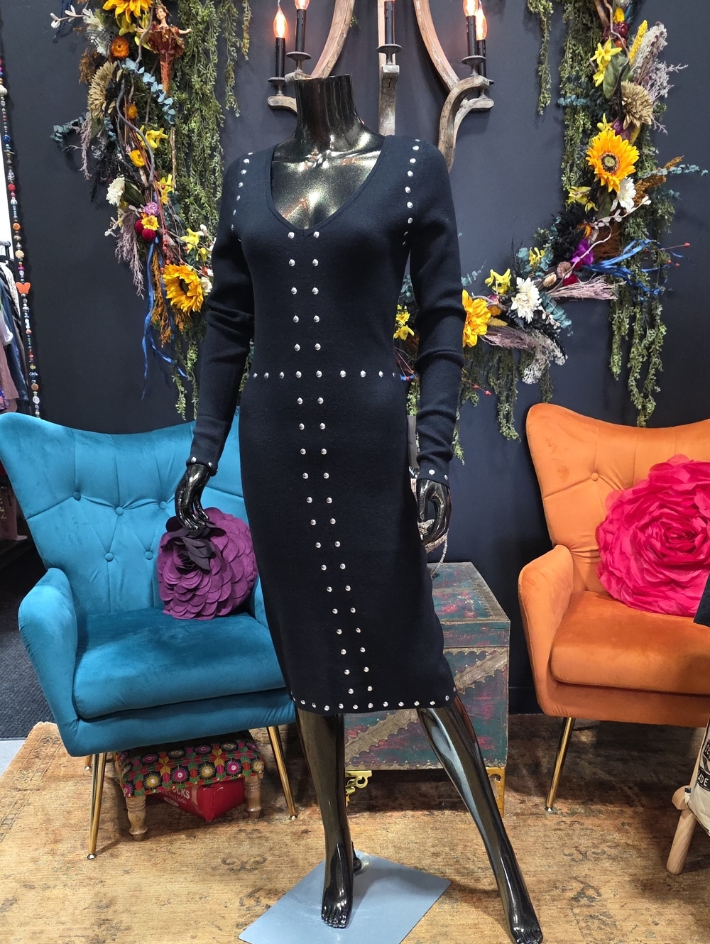Bohme Black Long-Sleeve Studded Knit Dress